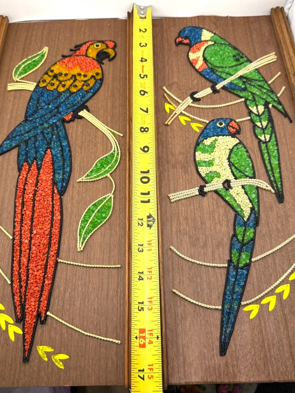 Vintage Mid-Century Modern gravel art panels depicting colorful parrots